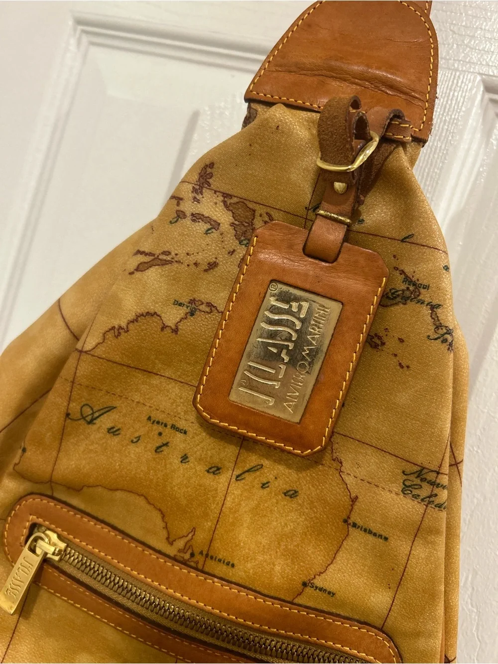 Alviero Martini 1A Classe Geo Map Sling Backpack Tan Coated Canvas Bag